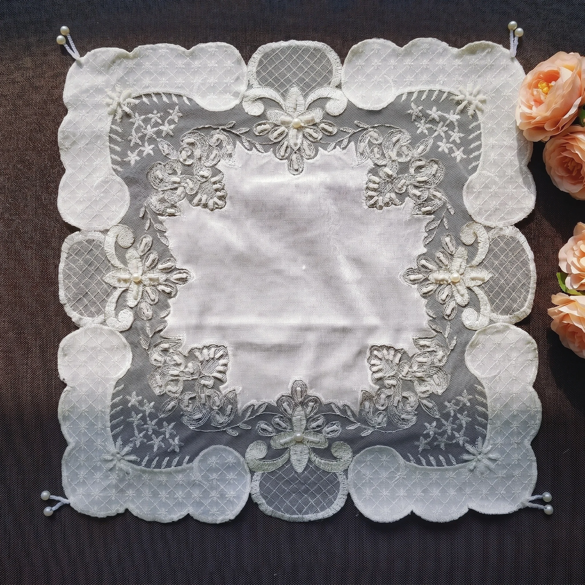 4pcs Square White Placemats Luxury Velvet Plate Mat Handmade Beaded Coaster Nightstand Cover Small Beige Bride Room Decor view 3