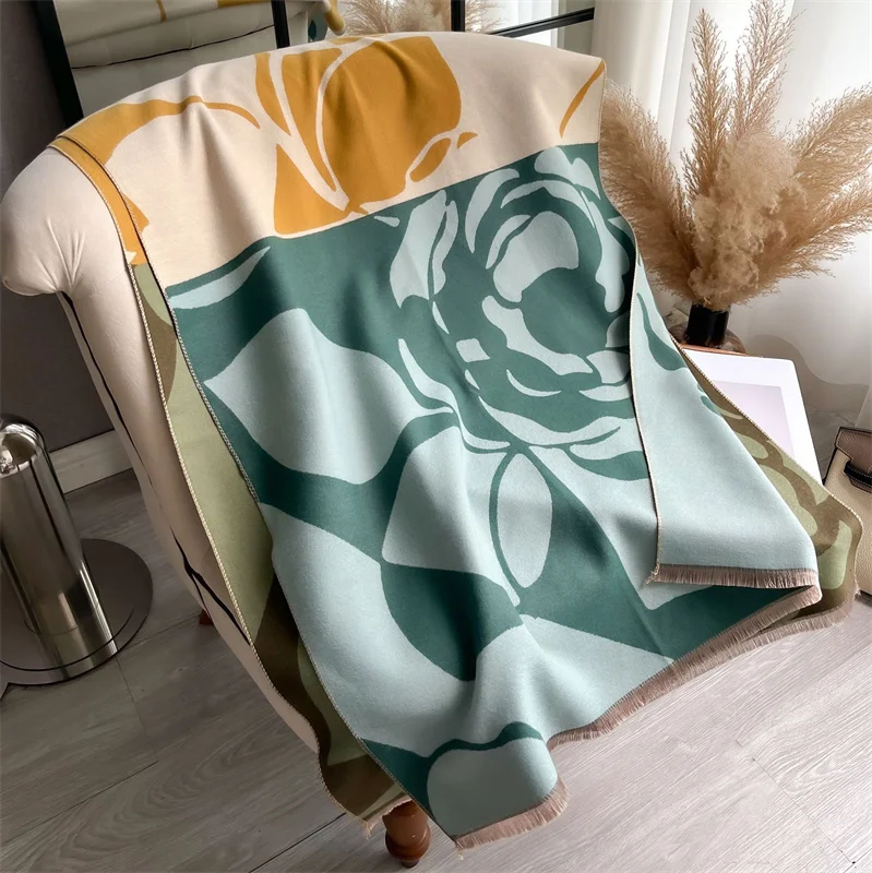 Luxury Scarf Women Winter Cashmere Shawls Wraps Thick Warm Lady Travel Stole Bufanda Hijab Fashion Floral Print 2024