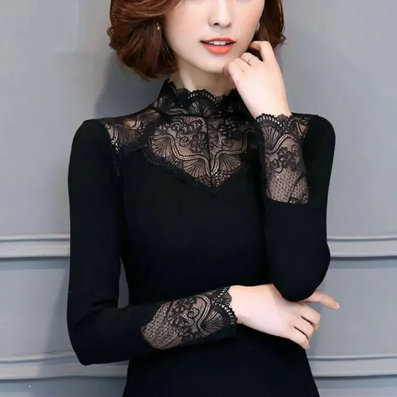 Large Size Lace Bottoming Shirt Blouse Women's Autumn Casual Long Sleeve Gauze Hollow T-shirt Female Elegant Fleece Pullover Top
