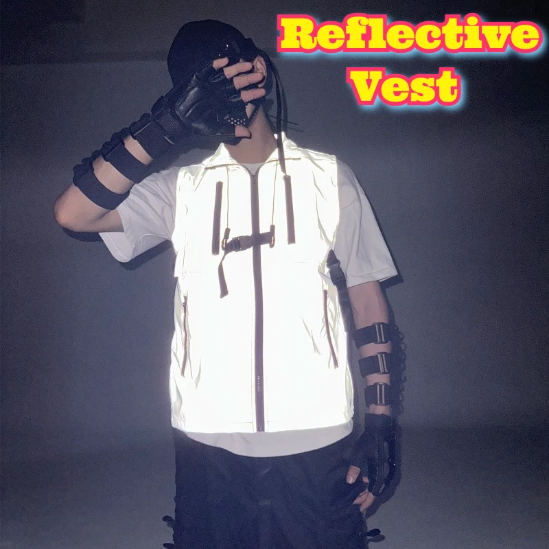 전술 반사 조끼 유틸리티 하네스 후드 아웃도어 워킹 조끼 테크웨어 스포츠 사이클링 레이어링 기어 가시성 슬리브리스