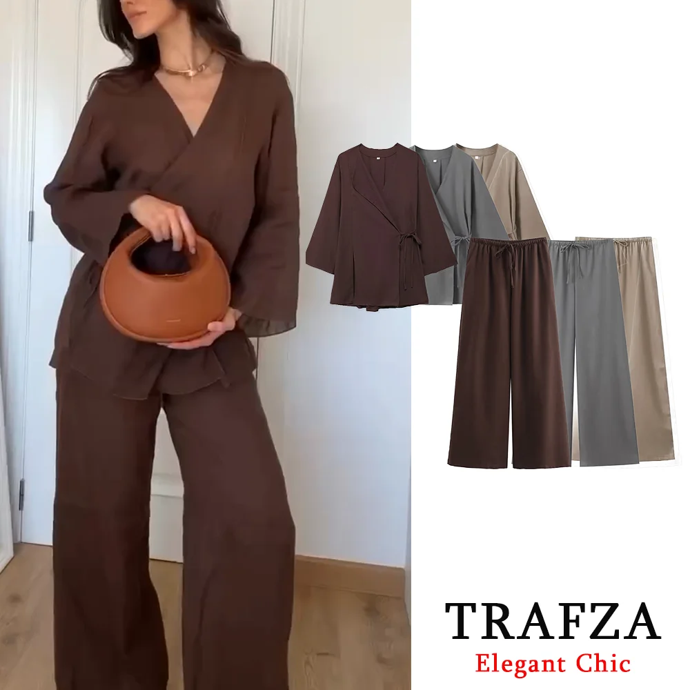 TRAFZA Casual Chic Solid 2 Piece Women Set Fashion 2024 Summer Long Sleeve Kimono Crossover Jacket+Pants NightWear Suit