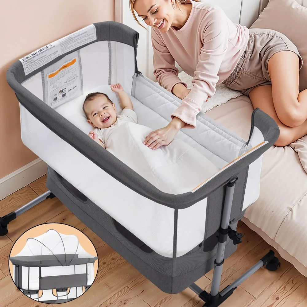 

2025 NEW Vomeast Baby Bassinet Bedside Sleeper, 4 in 1 Baby Bassinets for Babies, with Wheels, Adjustable Height, Storage Basket