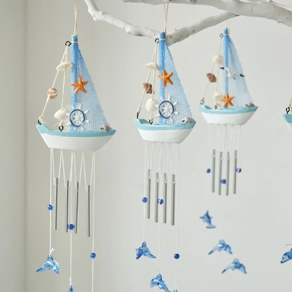 Dolphin Pendant Nautical Sailboat Wind Chime Shell Star Mediterranean Style Wooden Sailboat Models Tassel Decoration