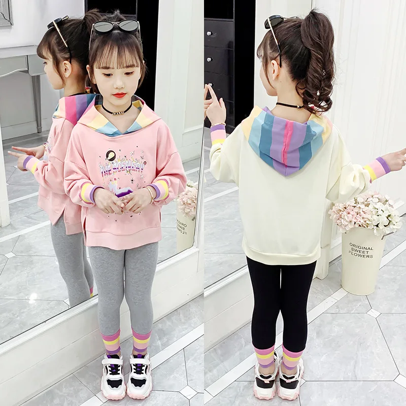 

2025 Korean Spring Autumn Children Girl Two Piece Hooded Set Pure Cotton Casual Primary School Top Fitting Pullover Sweater