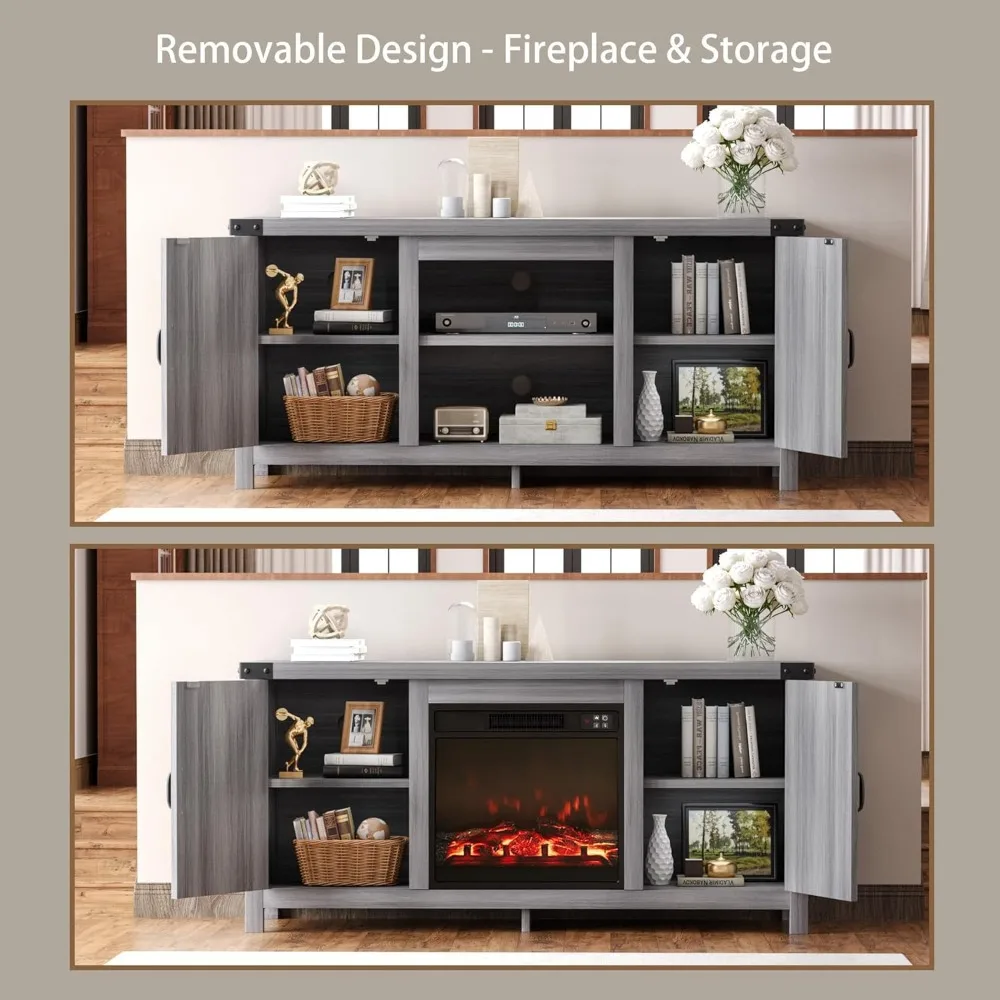 JUMMICO 暖炉付きテレビ台、ファームハウス風エンターテイメントセンター（暖炉と棚付き）、ダブルバーンドア収納キャビネット（テレビ用）