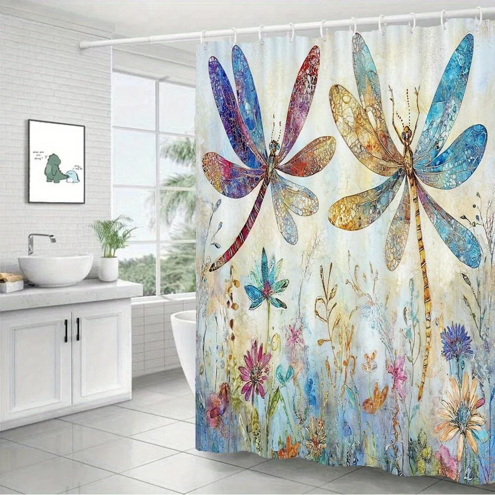 Vibrant Dragonfly and Wildflower Mural Shower Curtain for Bathroom Decor - Nature Art Shower Curtain