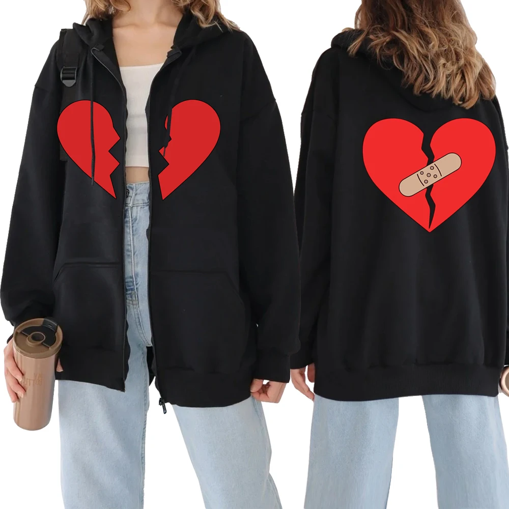 Broken Heart Print Zipper Sweatshirt Harajuku Y2K Torn Heart Graphic Unisex Zip Up Hoodie Autumn Streetwear Casual Zip Hoody