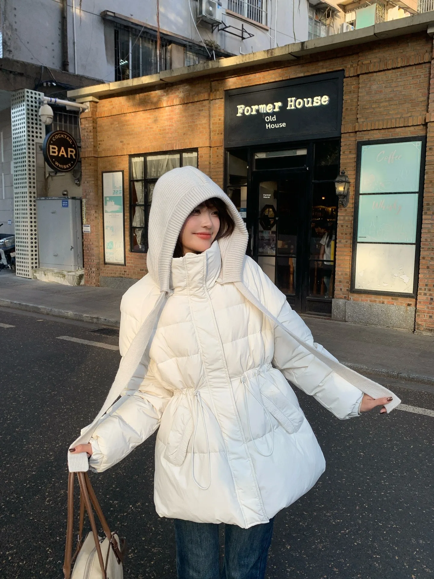 

White Thiened Du down Jaet Women's Winter New Sle Removable Cap Warm Coat Long Sve Zipper Closure Mid-Length Cotto...