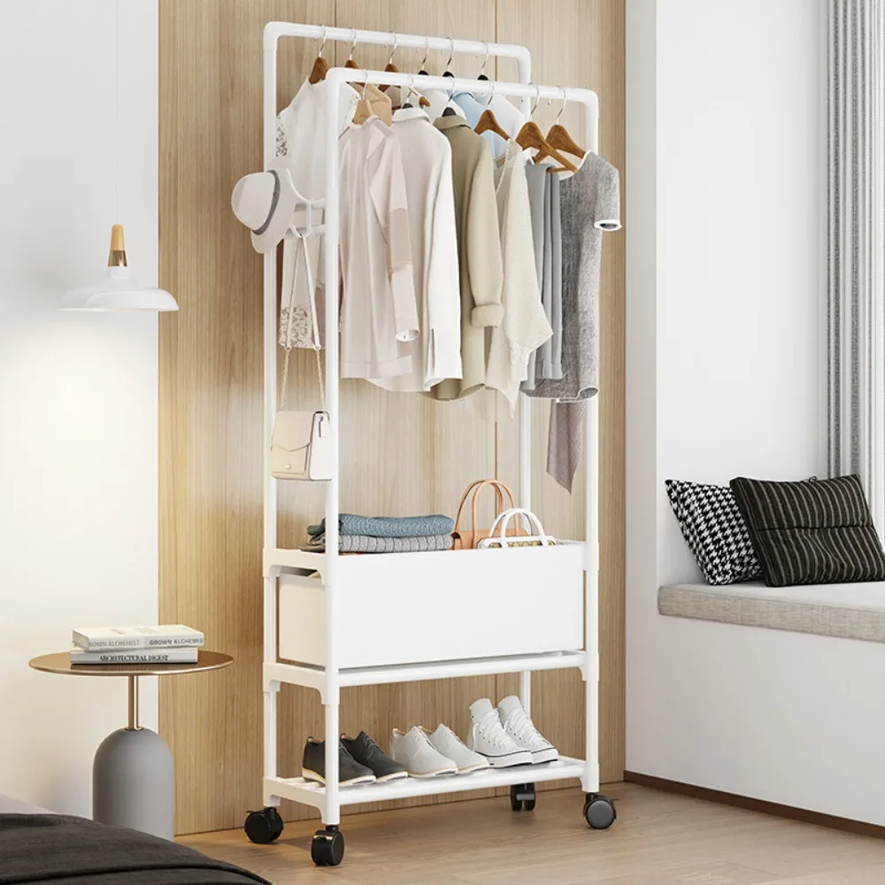 Floor Standing Coat Rack Dual Pole Clothes Hanger Strong Load-bearing Capacity Simply Multi-storey Wardrobe Movable Coat Rack