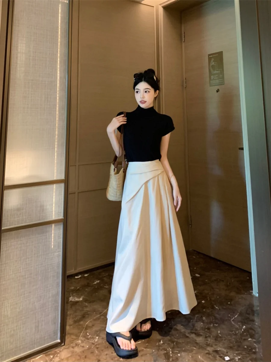 

plus Size Women's Retro Black Slim Fit Short Sleeve T-Shirt And High Waist Skirt Set Summer New Style Anti-Aging Korean ...