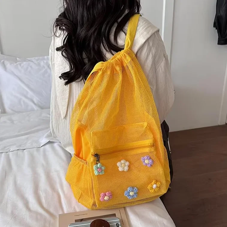 Summer Mesh Drawstring Backpack Multiple Pockets Large Capacity Beach Vacation Storage Bag Cute Flower Decor Student Backpack