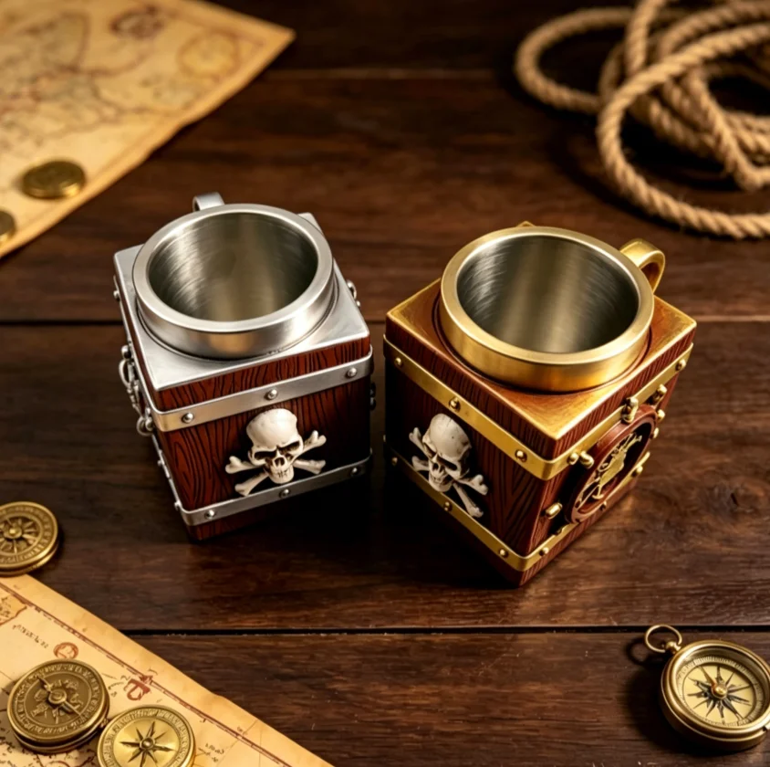 Pirate Treasure Chest Beer Mug, Resin Skull Crossbones Tankard with Removable Stainless Steel Liner, Vintage Nautical Drink Cup