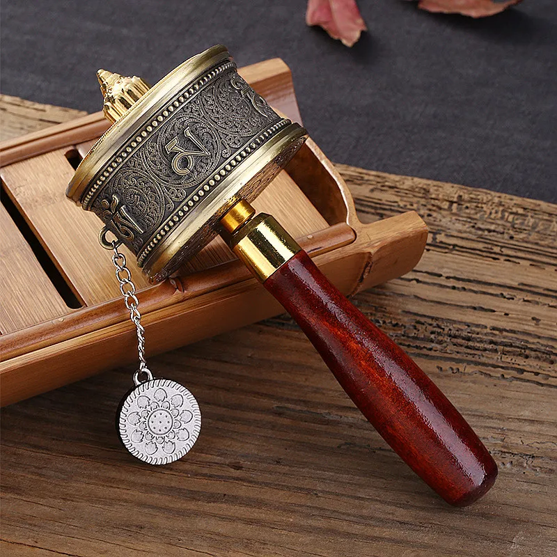 

21cm Alloy Metal Buddhist Tranic Suppliers Smooth Double Layered Six Words Scripture Hand Cranking Prayer Wheel Crafts