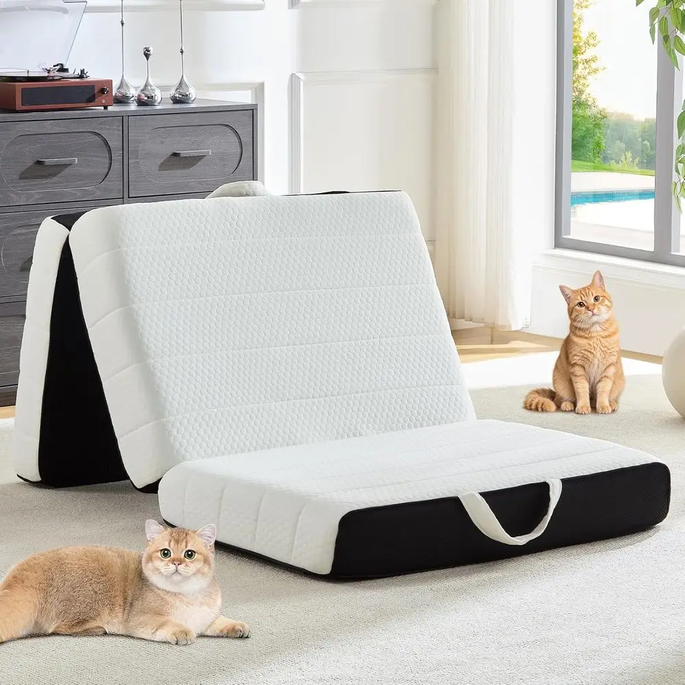 Queen Size Memory Foam Mattress Topper with Washable Cover, Handle & Non-Slip Bottom, 6 Inch Portable Folding Bed or Guest, Yoga