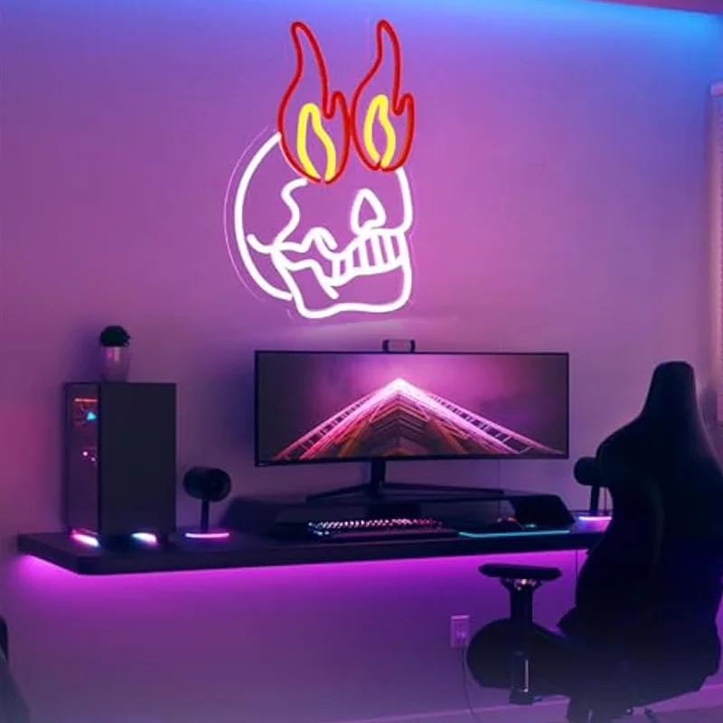 

Skull Neon Sign for Bedroom Dimmable Skull Fire Skeleton Head Wall Decor for Beer Bar Club Game Room Halloween Party Decor Gifts