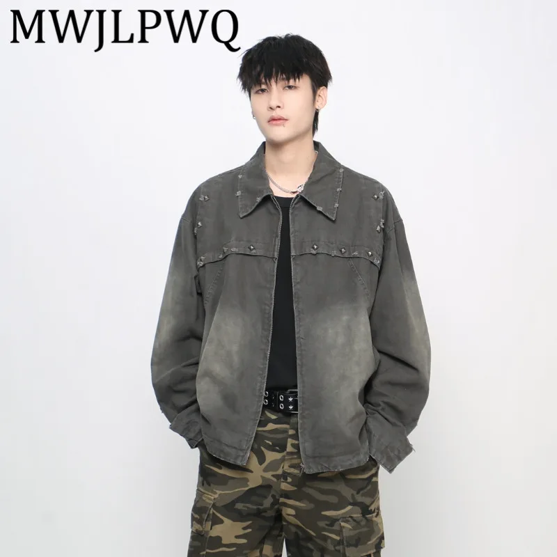 

MWJLPWQ American Style Washed Rivet Denim Jacket For Men Autumn Lapel Metal Couple's Coat Street Design Sense Vintage Tops 21115