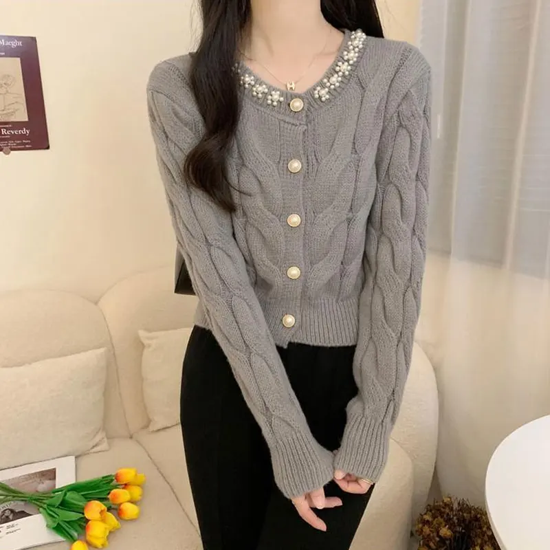 

Casual O-Neck Chic Beading Sweaters Women's Clothing Long Sleeve Slim Autumn Winter Commute Basic Solid Color Knitted Cardigan