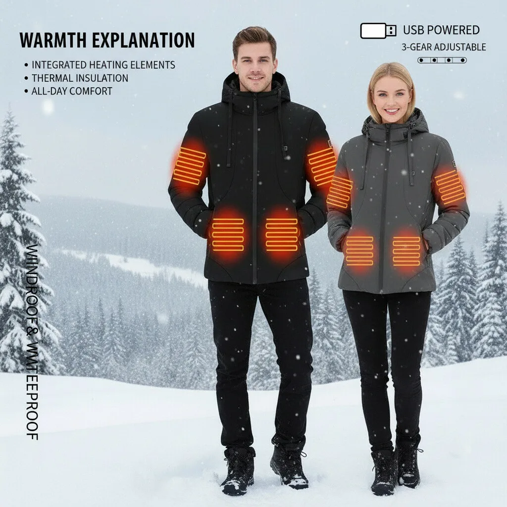 

Winter Heating Jacket Mens 11 Heating Zone USB Charging Temperature Controlled Padded Jackets Travel Camping Lightweight Parkas