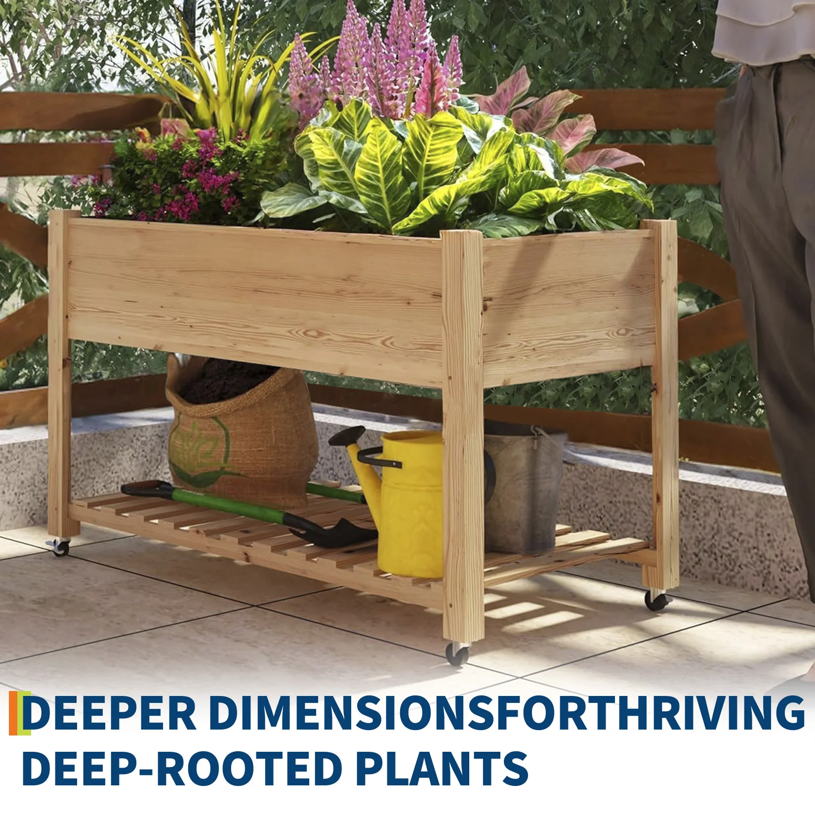 Mobile Raised Garden Bed with Lockable Wheels – Wooden Elevated Planter Box – Durable Legs – Bed Liner – Bottom Shelf – Outdoor Gardening for Patio, Deck, Backyard, Vegetables, Herbs, Flowers