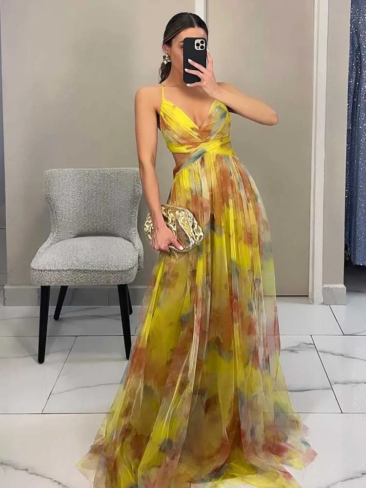 Boho Chic Jurken voor Feestjes Hoge Taille Dames Zomerjurken Verjaardag Sexy Mesh Rugloze Spaghettiband Maxi Jurk Slankmakend