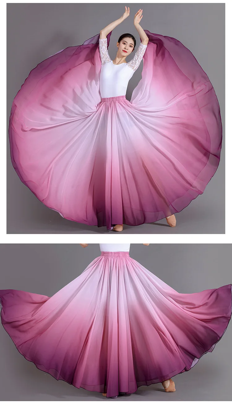 Women's 360-720 Degrees Big-hem Dance Skirts Gradient Color Chiffon Maxi Skirts Elastic-waist Elegant Square Dance A-line Skirts