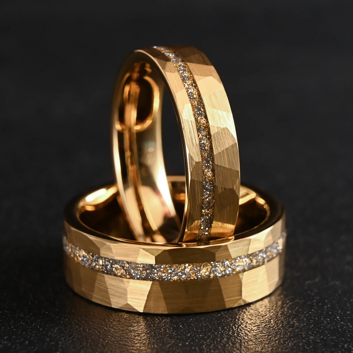 8/6mm Gold Color Tungsten Carbide Men's Wedding Bands Inlaid Gold Leaf White Opal Classic Hammered Engagement Promise Daily Ring