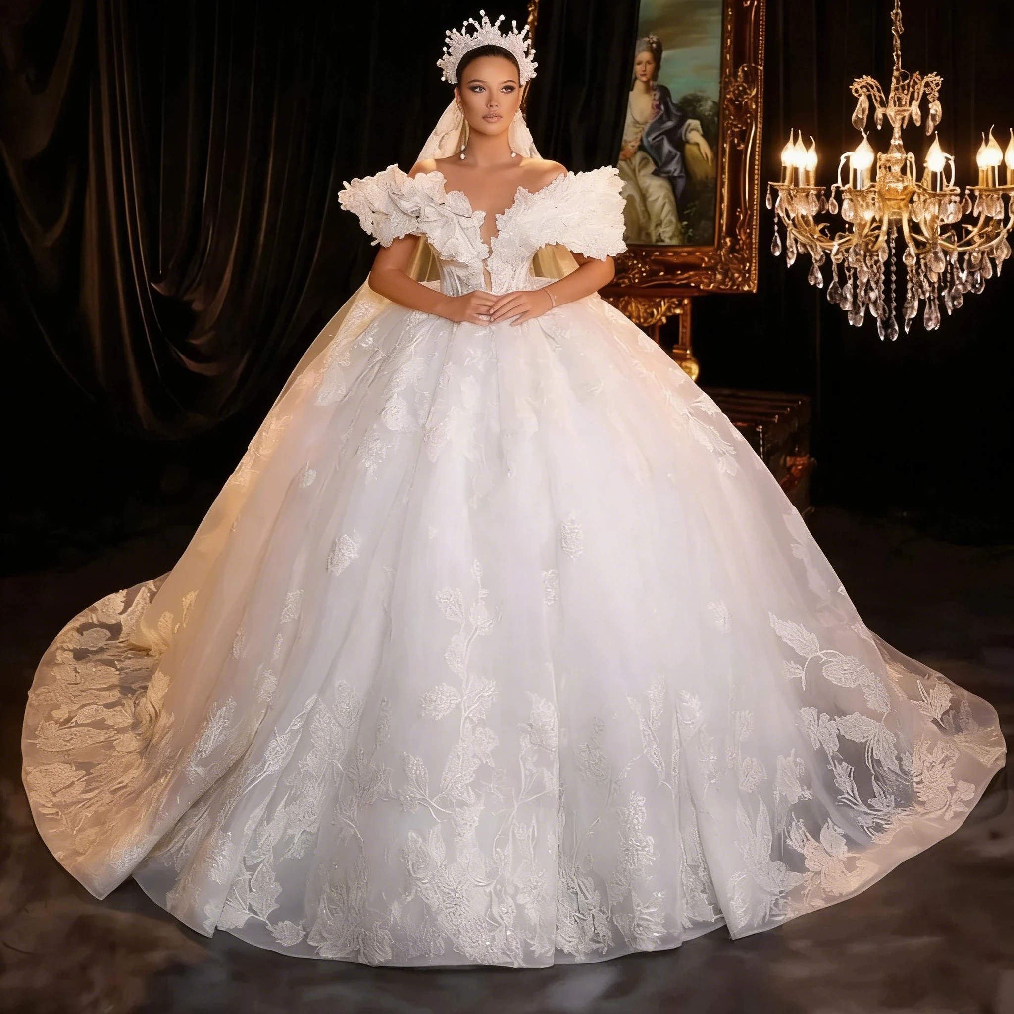 

Luxury Sparkling White A-Line Bead Decal Princess Wedding Dress Sexy V-Neck Ball Bride Dress Vestido De Novia Customized