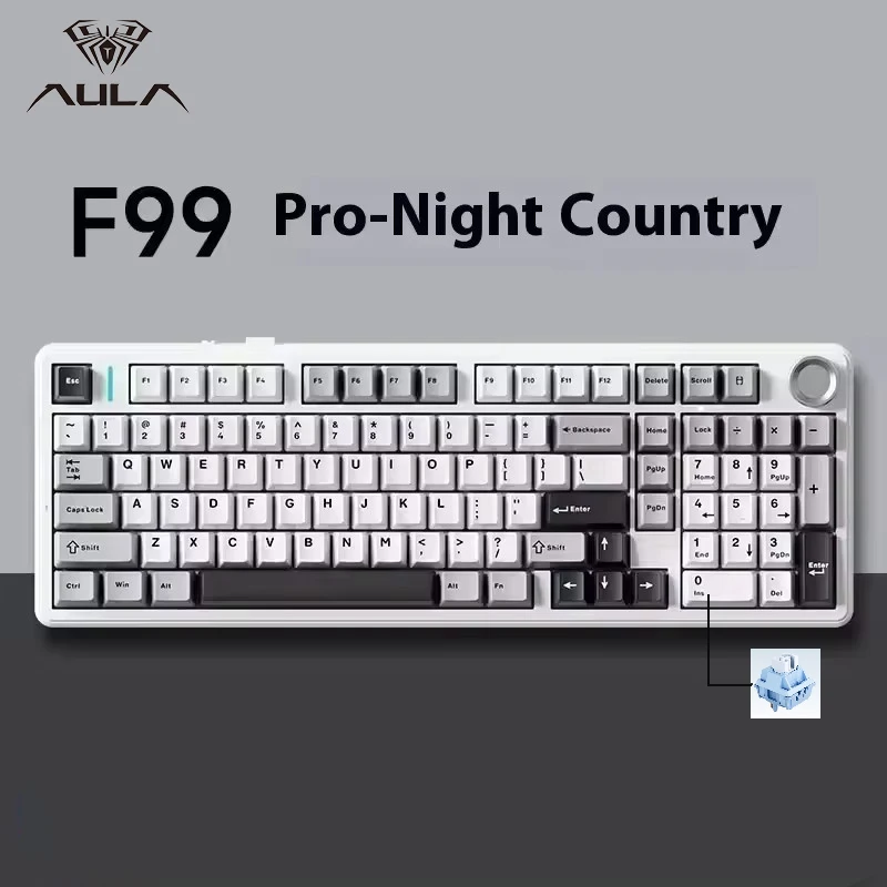 AULA F99PRO Gaming Mechanical Keyboard 99 Key Three Mode Wireless Hot Swappable Gasket Structure Custom Keyboard with Media Knob