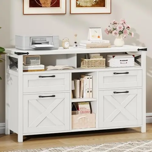 File Cabinet with Open Storage Shelf for Home Office, White | Farmhouse, Lateral Filing Organization Storage Cabinets