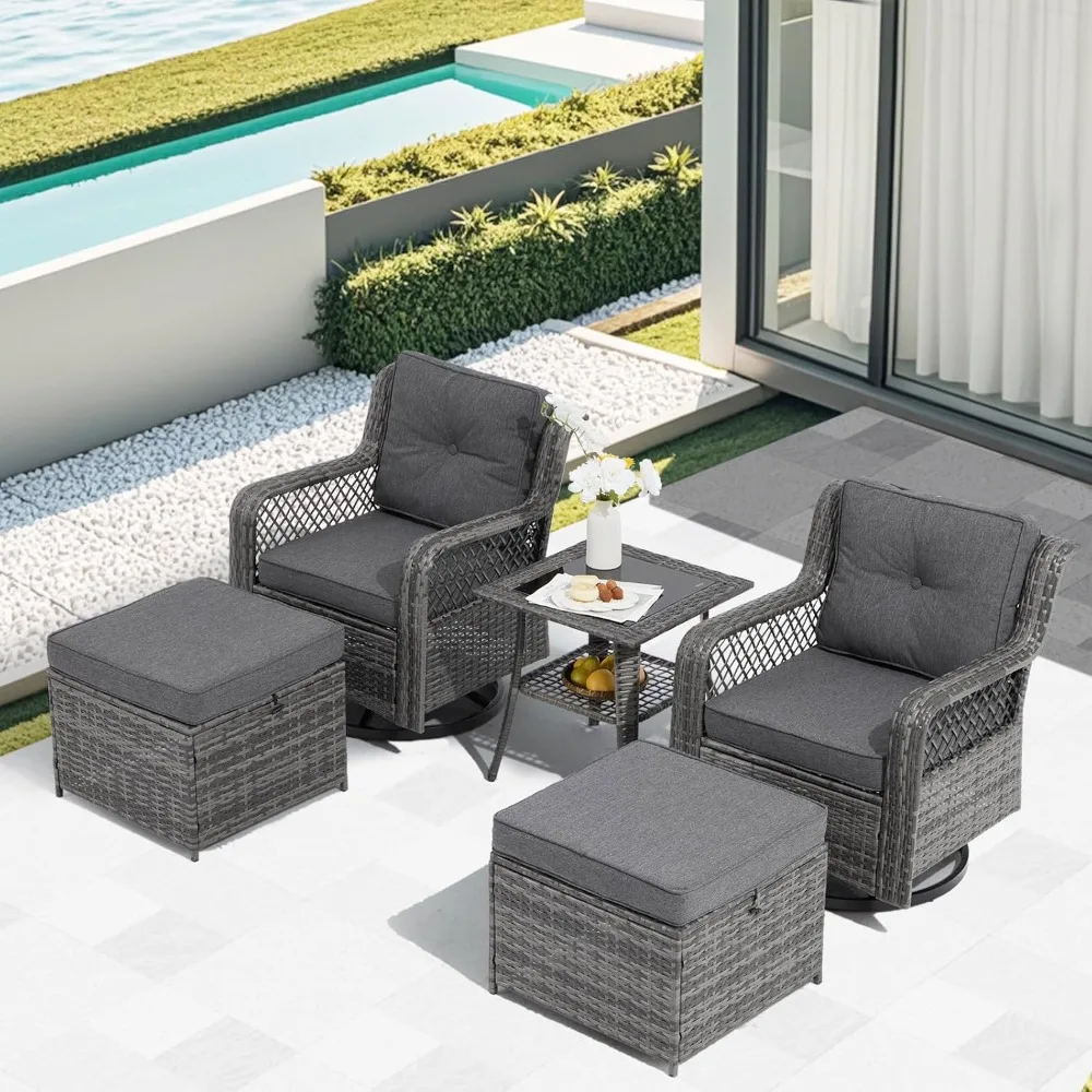 

5 Pieces Outdoor Patio Furniture Set, Wicker Swivel Rocking Chair Set with Ottoman for Porch Backyard Garden(Dark Grey)