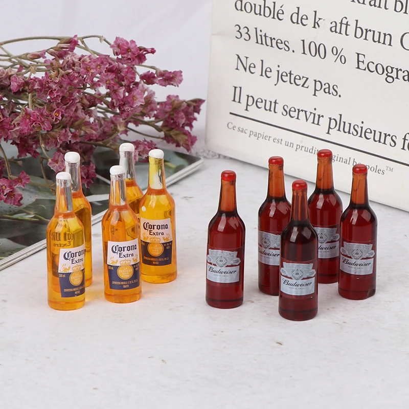10 unids/set casa de muñecas botellas de vino en miniatura (5x Corona + 5x Budweiser) Mini simulación juego de simulación muñecas de juguete accesorios de decoración de bebidas