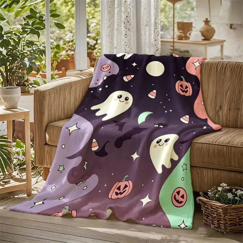 Cute Ghost Pumpkin Halloween Flannel Blanket Warm Soft Halloween Christmas Decorative Couch Warm Cozy All-Season Gift