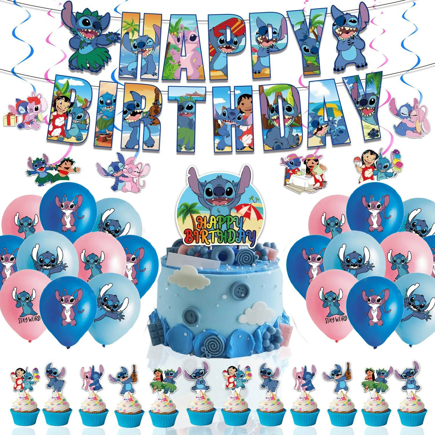 Interstellar Baby Stitch Theme Birthday Party Stitch Party Decoration Balloon Pulling Flag Banner Cake Insertion Supplies