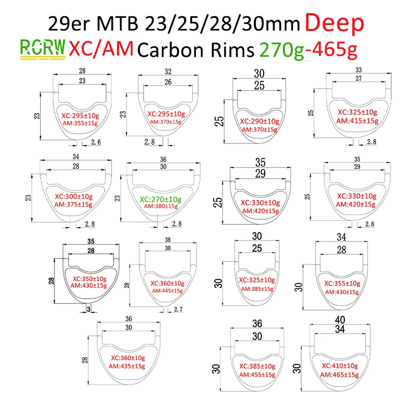 29er MTB XC AM 270g-465g Carbon Rim 28/30/32/34/35/36/38/40 Wide 23/25/28/30mm Deep Symmetric or Asymmetric UD 24/28/32/36Hole
