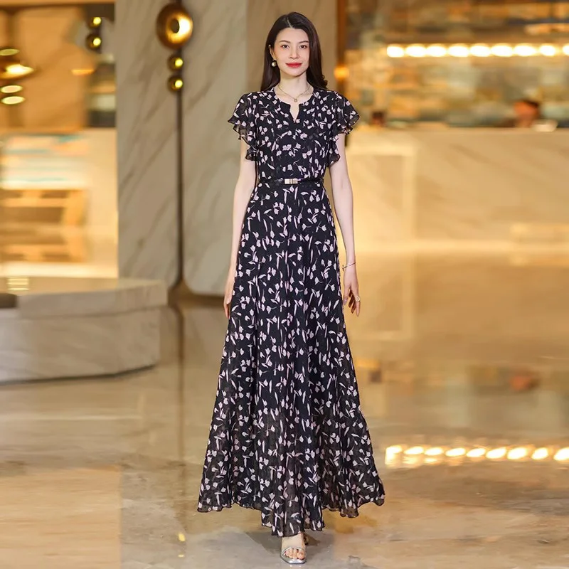 

New Women Summer Floral Long Dress Fashion Small V-Neck Butterfly Sleeve High Waist Slim Dress Elegant Holiday Print Dress