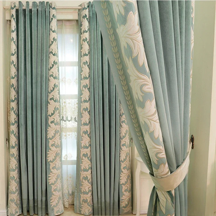 

Italian Flannel European Embroidered Green Bedroom Curtain Dining Room Blackout Luxury Tulle