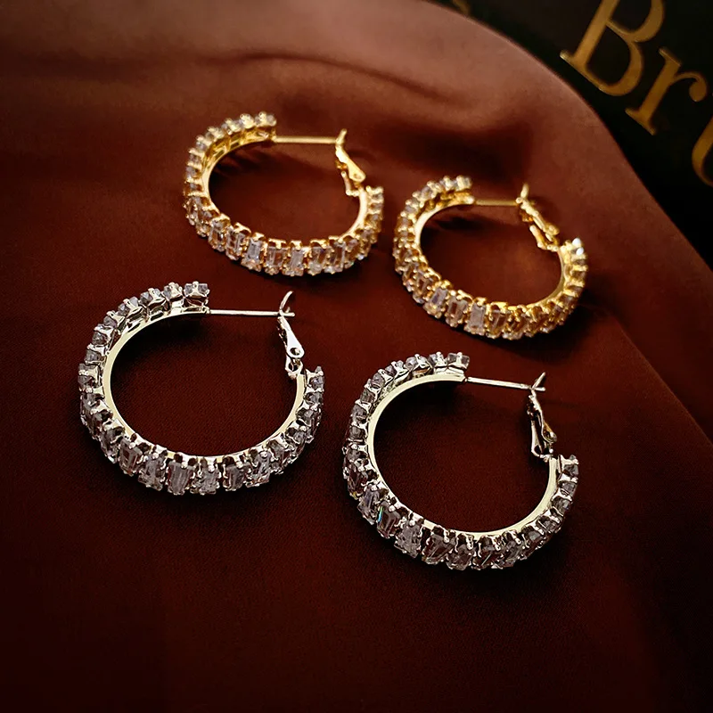 Light luxury style square zircon circle silver needle stud earrings fashionable and exquisite niche temperament high-end