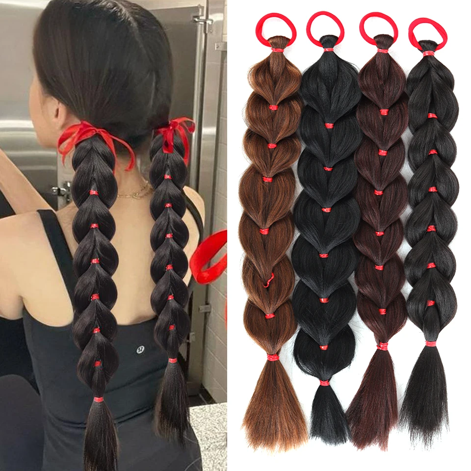 الاصطناعية طويلة تويست جديلة ذيل حصان ملحقات مع شريط مطاطي 18 بوصة الملاكمة وصلات شعر مضفرة للنساء عيد الميلاد اليومي #1