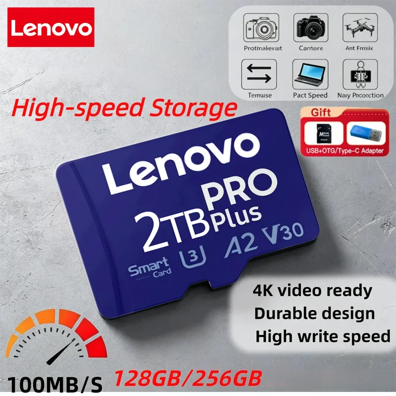 Cartão SD Lenovo 2TB de Alta Velocidade V30 A2 4K, Cartão de Memória de 512GB, 256GB, 128GB, Adaptador Micro TF SD de 1TB para Smartphone/Tablet/PC