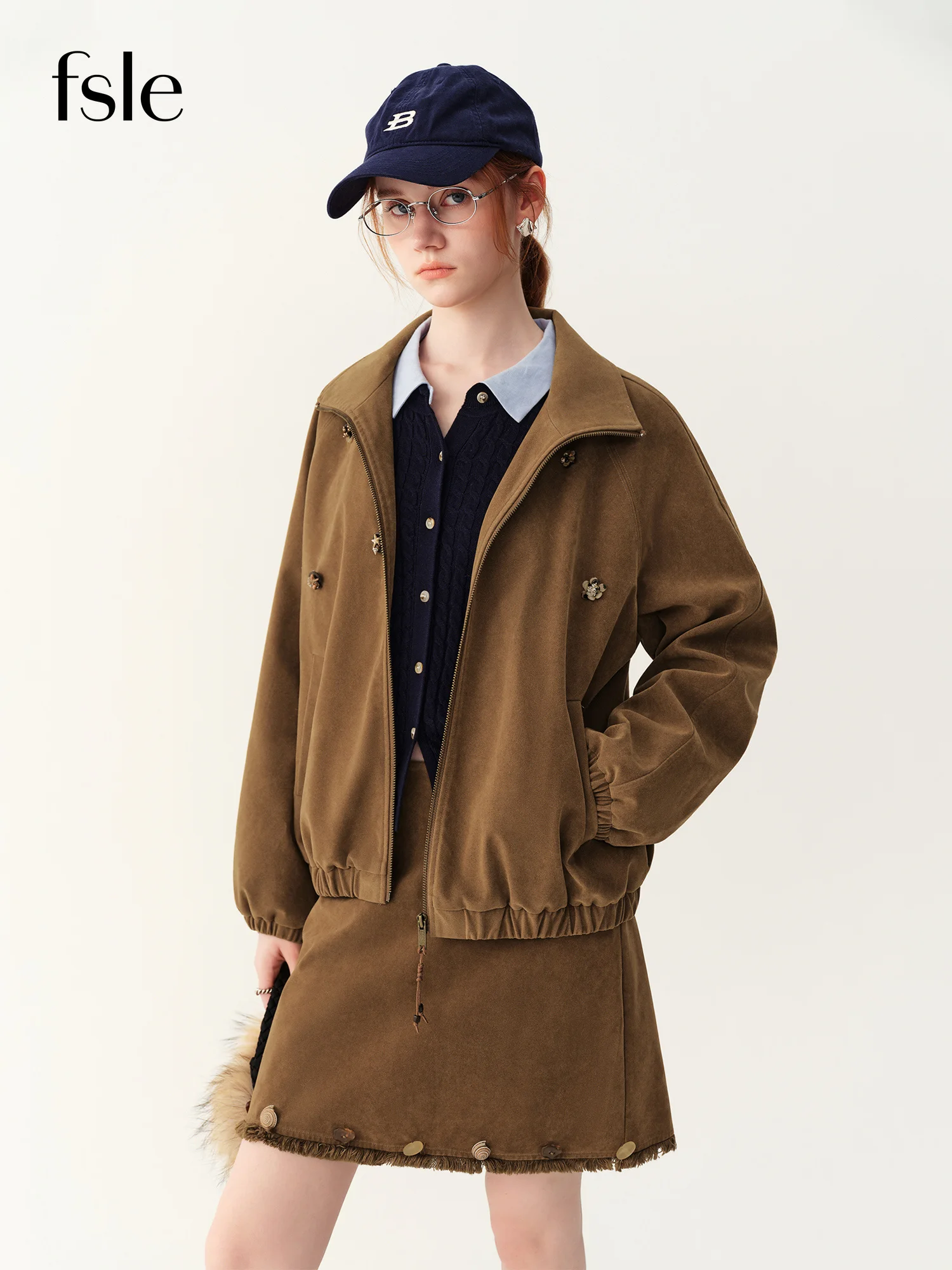 FSLE Women's Unique‑Design Stand‑Collar Suede‑Like Jacket Skirt Thick Two‑Piece Outfit 2026 Fall Winter New Fashion Co‑ord Set