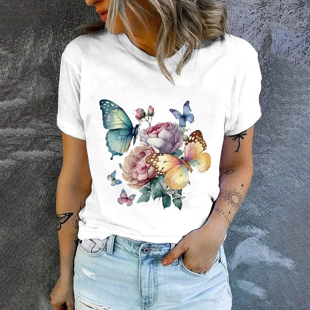 Women's T-Shirt White Background butterfly Pattern Print T-Shirt Women's Leisure Short Sleeve T-Shirt 2024 Summer Popular T-Shir