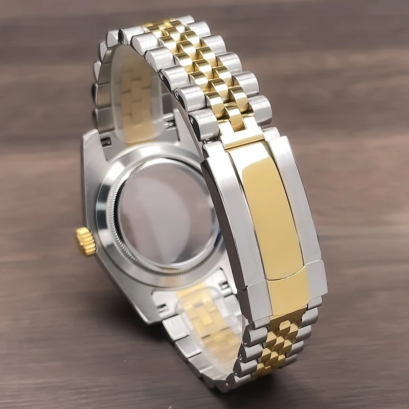 39mm NH35 Case Fluted Bezel DJ 2Tone Gold Sapphire Glass Modification Parts Fit NH35 NH36 Movement Stainless Steel Watch Case image 4