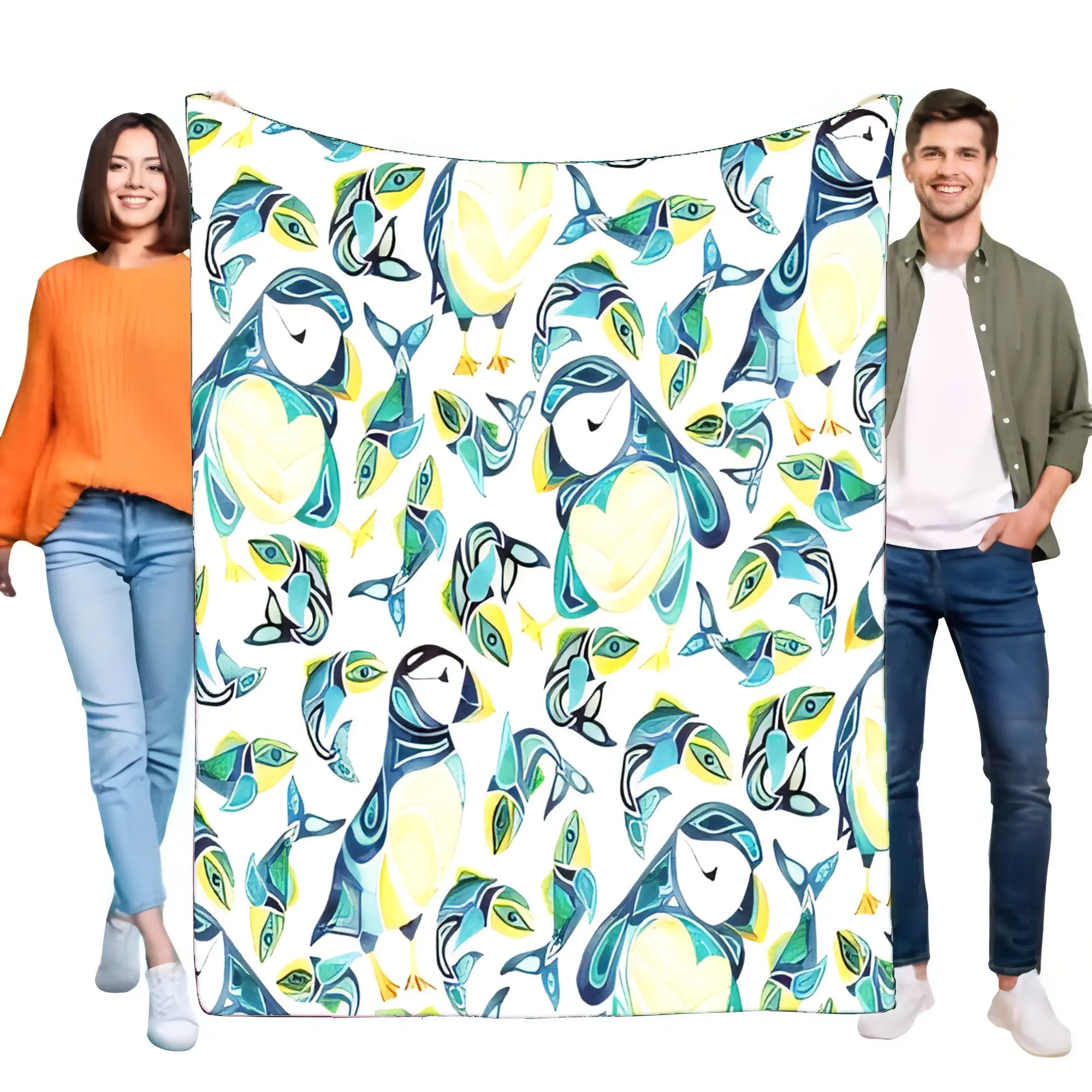 Puffin & Fish Ocean Art Fleecedecke, weich, gemütlich, warm, leicht, Überwurf für Bett, Sofa, Couch, Kinder, Erwachsene, Heimdekoration, Geschenk