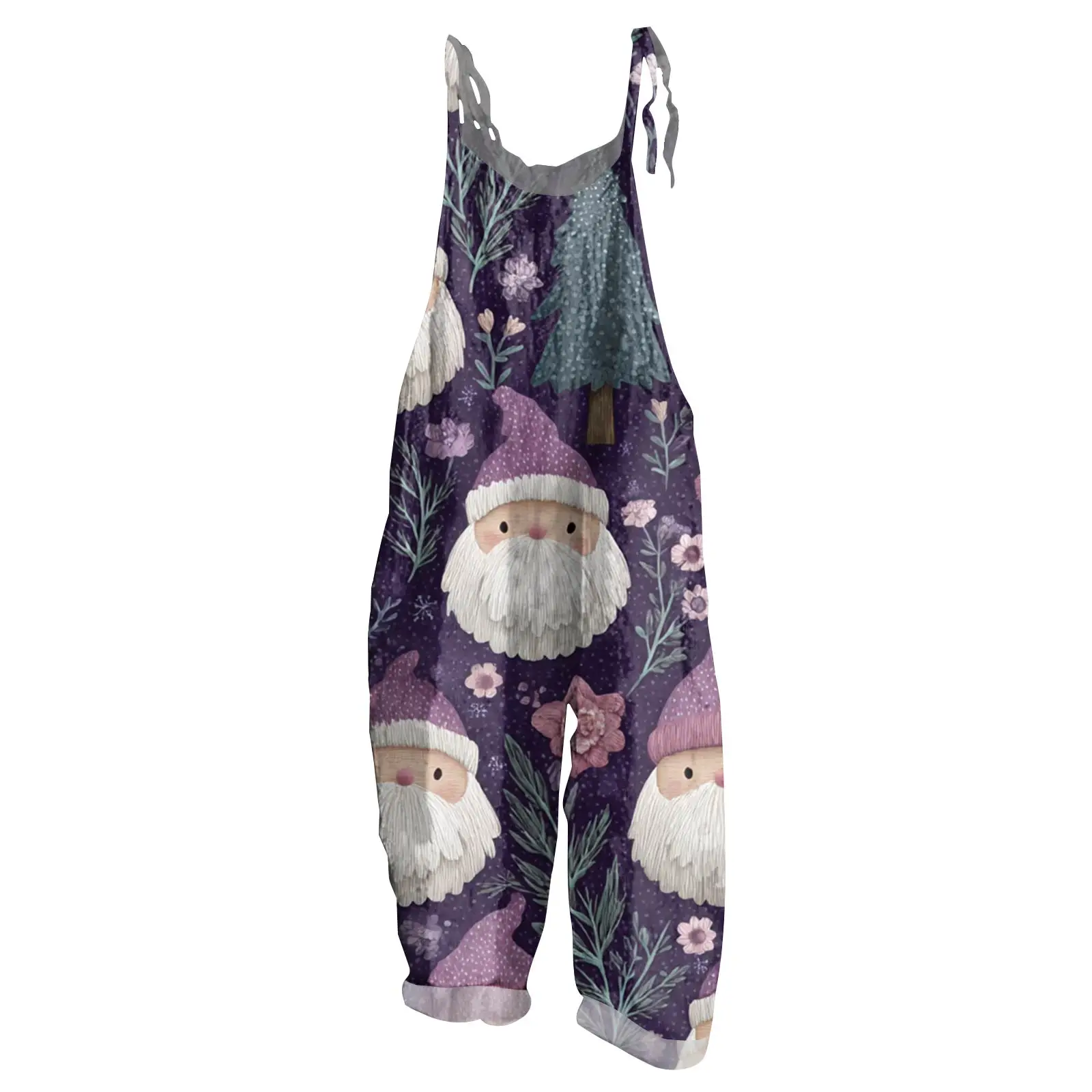 Adorabile tuta con stampa di Babbo Natale tinta unita pantaloni lunghi a gamba larga pantaloni larghi con bretelle vintage abbigliamento per atmosfera natalizia