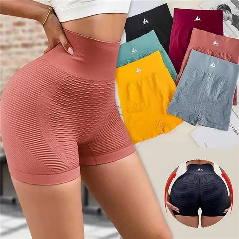 Pleated Ruched Push Up Yoga Shorts Solid Color Wide Waistband Women High Waist Hip Lifting Yoga Shorts