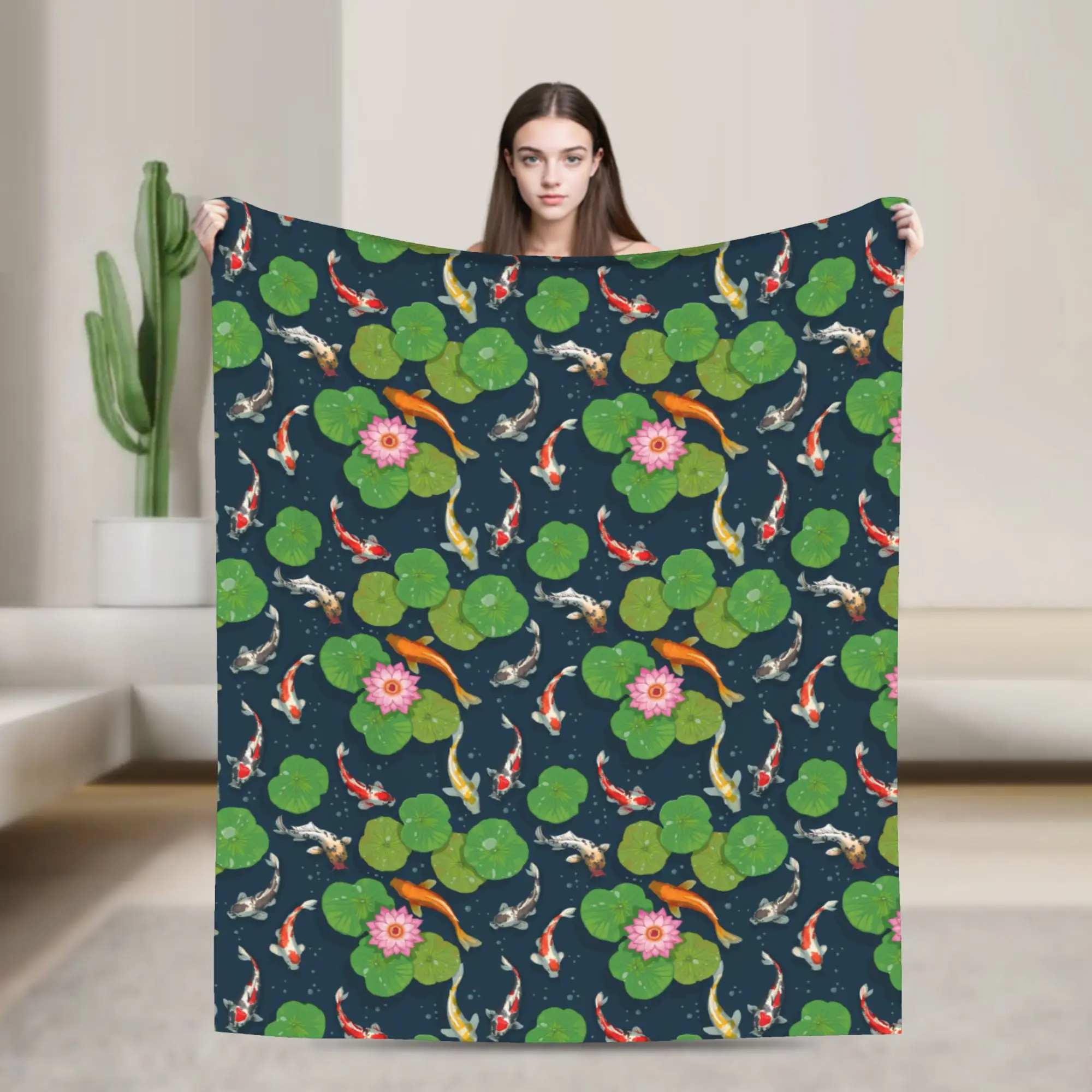 Warm Comfy Blanket Plane Travel Koi Fish & Water Lily Pattern Bedding Throws Funny  Bedspread For Living Room