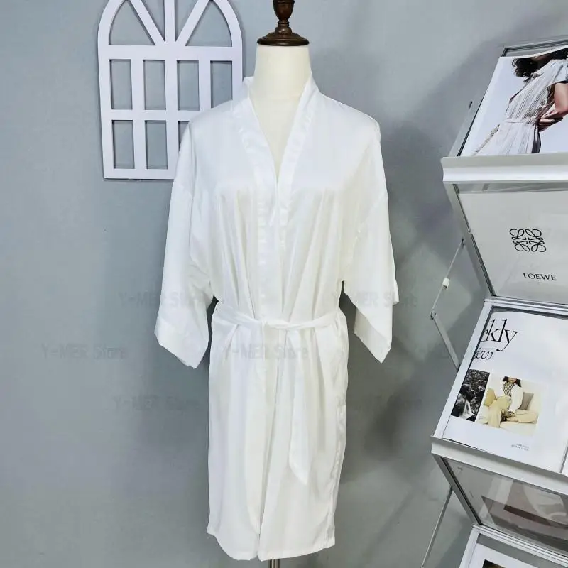 Women Wedding White Robe Satin Kimono Short Vestidos De Novia 3/4 Sleeve Sleepwear Loose Nightgown Female Silk Rayon Lingerie