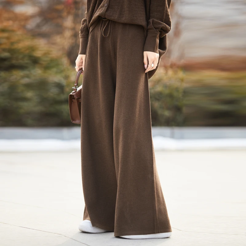100% Wool Spring and Autumn Women's Suit Shirt Collar Sweater Cardigan Loose Casual Wide-Leg Pants Knitted Fashion Two-Piece Set view 5