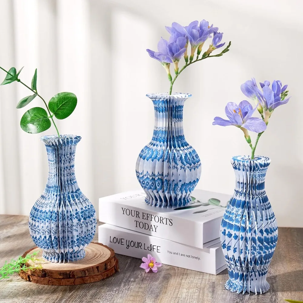 

Three blue and white paper honeycomb vases, foldable decorative vases, Chinese-style decorative vases