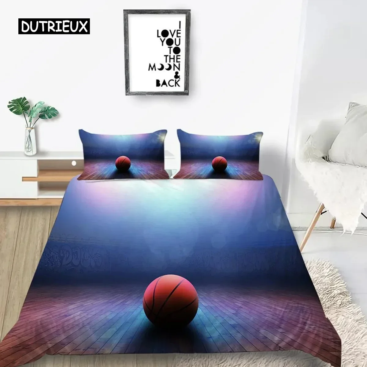 

3D Basketball Duvet Cover Set Polyester Hand Catching Fire Basketball Sports Themed Bedding Set Queen Size Soft 3pcs Quilt Cover